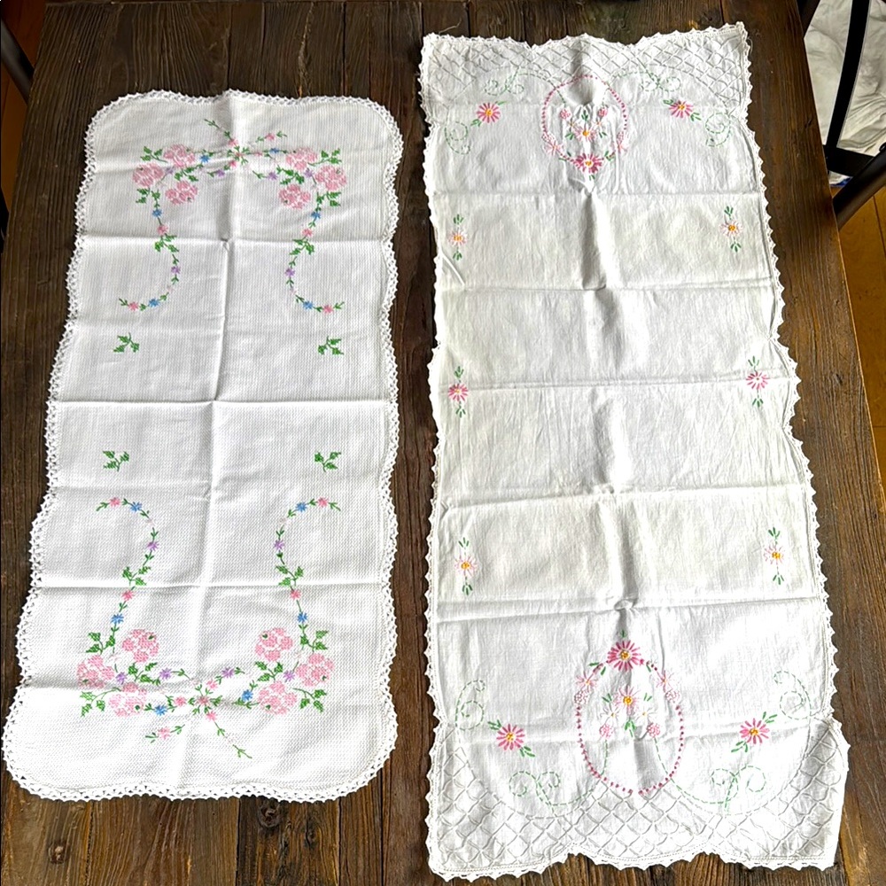 Vintage embroidered and crochet white table runners (pair)